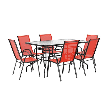 Flash Furniture Brazos 7 Pc Outdoor Patio Dining Set - 55in Tempered Glass Patio Tbl w/Umbrella Hole, 6 Red Chairs TLH-089REC-303CRD6-GG